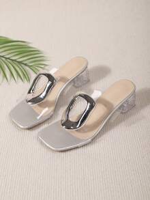 大码女式方头踝带坡跟凉鞋，白色透明珍珠装饰，舒适防滑，适合派对、沙滩、居家和户外穿着 - 銀色 - 查看 6