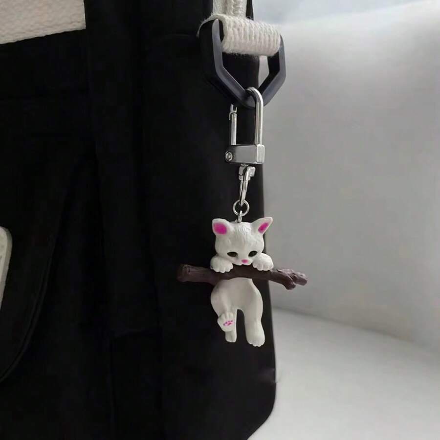 1 件可爱卡通猫抱树枝钥匙扣，可爱 3D 吊坠包包饰品 - 白色 - 查看 1