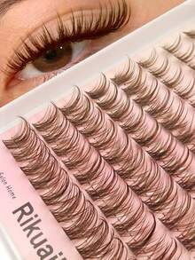 Rikuaild 96pcs Brown False Eyelashes, D Curl Fluffy Criss-Cross Fine Pointed Type Individual Lashes, Natural Soft Mixed Style, Daily DIY Makeup, False Lash Clusters, Individual False Lashes - D - View 2