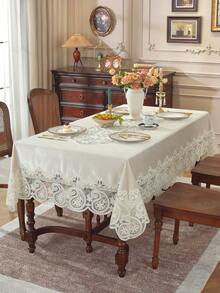 1 件天鹅绒面料优雅 3D 金色刺绣蕾丝边桌布，矩形或方形，适用于厨房、餐厅、会议桌，四季皆宜，防污耐热，家居和派对/婚礼装饰
