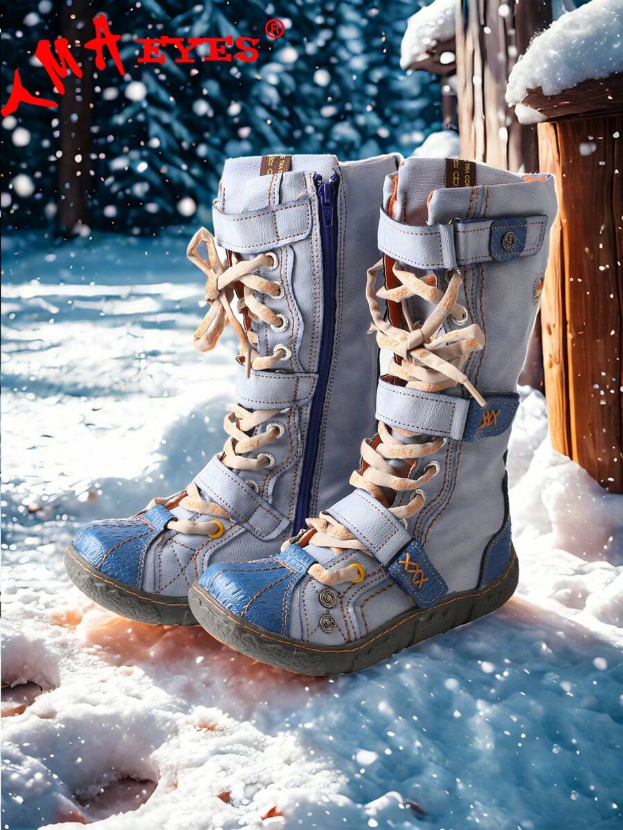 1 PairTMA EYES Women's Flat Bottom Padded Warm Thigh High Boots PU Leather Casual Side Zip Women's Boots - 藍色 - 查看 1