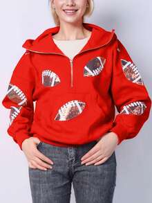 Womens Game Day Sweatshirts Football Sequin Hoodies Tailgate Outfits Long Sleeve Zipper Sweaters With Pocket - 紅色 - 查看 3