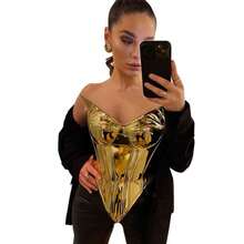 Women's Summer New Solid Color Casual PU Leather Shiny Zipper Slim Sleeveless Tube Top - 金色 - 查看 3