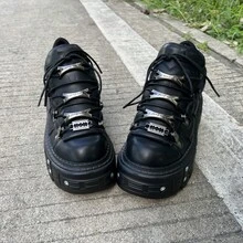 Gothic Punk Style Women And Men Platform Sneakers Black Vintage Metal Decorations Lace-Up Rock Ankle Boots Shoes - 黑色 - 查看 5
