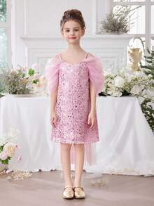 Young Girl Pink Sequin Mesh Cape Elegant Princess Dress, Suitable For Girls' Birthday Party, Banquet, Prom, Wedding Flower Girl Dress, Holiday Celebration - Pink - View 5