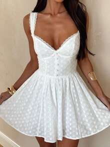 Women's Summer Mini Dress Stylish Solid Lace Trim Flower Embroidered Hollow Details Sleeveless V Neck A Line Dress - trắng - Xem 2