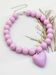 1pc Macaron Color Dopamine Heart Beaded Necklace For Women - Batch Colors May Have Slight Variations - necklace - View 22