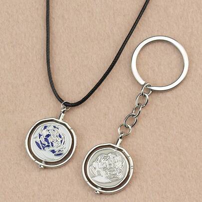 1/2pcs Jinx Arcane Rotating Rose Flower Keychain, Swivel Blue Rose Keychain Pendant Necklace, Perfect Birthday, Holiday, Halloween, Christmas Gift, Decorative Ornament