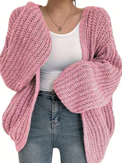 Plus Size Women Casual Loose Knit Cardigan Sweater, Elegant Solid Color Versatile Plus Size Long Sleeve Open Front Sweater Coat For Daily Wear, Autumn/Winter