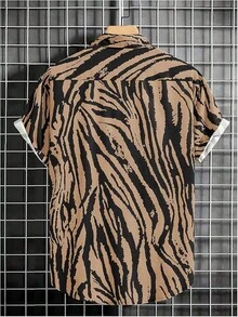 Men's Hawaiian Zebra Print Shirt Button Up Short Sleeve Collar Animal Print Shirt Tops Cheetah Print Topshalloween - Brown - View 9