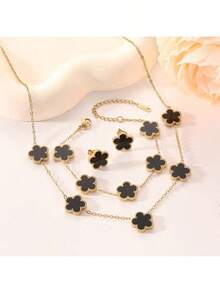 18K Stainless Steel 5-Bead Jewelry Set: Earrings, Bracelet, Necklace, Non-Fading, Women Accessories - Flower - View 11