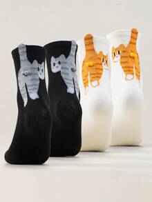2 Pairs Of Spring And Autumn Cute Socks For Men And Women, Abstract Style 3D Cat Socks, Fun Boat Socks With Cute Cat, Egg And Bell Patterns, 3D Cat Hip Decoration Soft And Breathable Cartoon Style Socks, Everyday Wear, Valentine's Day