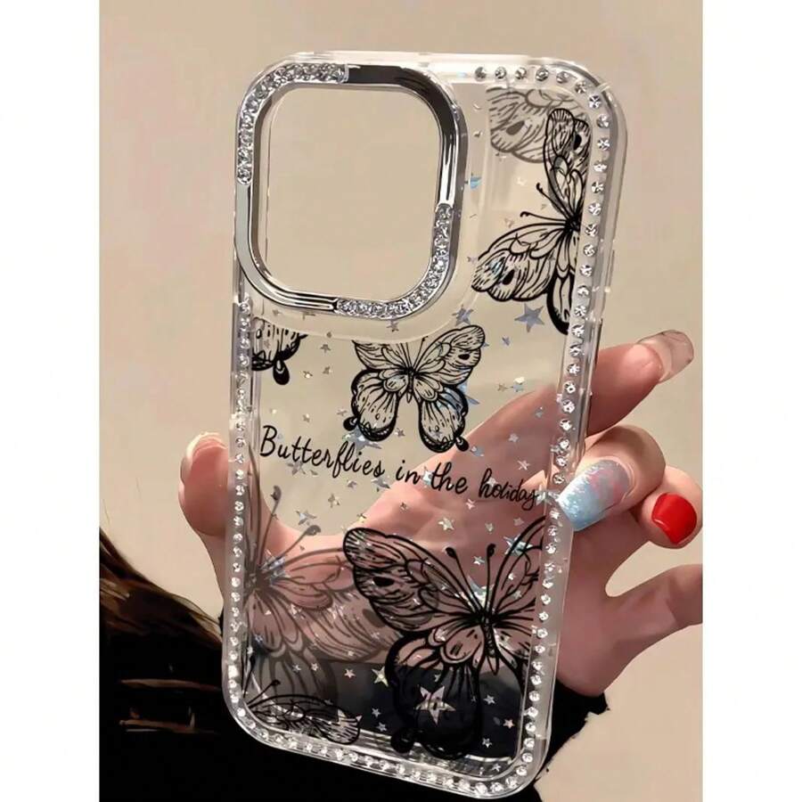 Funda para teléfono IMD con diseño de salpicaduras de polvo brillante negro, orificio grande, marco transparente brillante, compatible con phone 16 Pro Max Funda protectora para phone 15, 14 Plus, 13 y 12. Ideal para Año Nuevo, Pascua, Halloween, regalar a amigos y familiares. Diseño brillante, de autor, con dibujos animados o con textura suave. - transparente - Ver 1