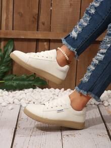 1 Pair Breathable Lace-Up Casual Sneakers, White Shoes For Girl, Spring/Summer/Autumn, 2025 New Fashion Unisex Sports Trainers, Suitable For Casual Wear - Beige - View 4