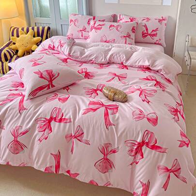 Bộ ga trải giường 2/3 món bằng polyester in hình nơ hồng, dễ thương và hiện đại dành cho trẻ em/bé gái, mềm mại và thoáng khí, có thể giặt máy (1 ga trải giường + 1/2 vỏ gối)