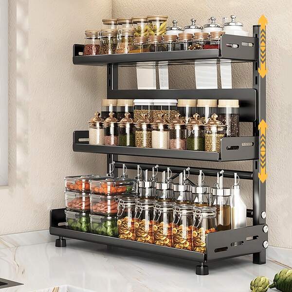SIDIANBAN Spice Organization For Cabinet, 3-Tier Metal Height Adjustable Kitchen Countertop Spice Cabinet Organizers, Multifunction Counter Spice Rack With Guardrail And Knife Block For Kitchen Pantry