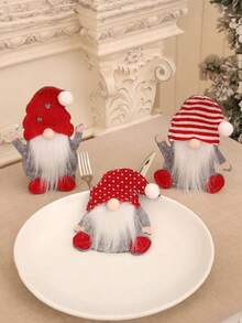 3/6pcs Christmas Table Setting Decorations With Gnome & Snowman Faceless Knife And Fork , Red & White Polka Fabric Protective Covers & Spoon Holder - Festive Cutlery Holders For Home & Restaurant Use, Durable Fabric Material, Easy-Clean Holiday Tableware (Knives/Forks Not Included) - Ideal For Christmas Parties & Everyday Dining - Adorable Gnome Characters With White Pom-Poms & Red Scarves, Seasonal Table Decor, Party Planners, Christmas Decor - Multicolor - View 2