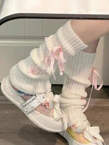 1 par de meias femininas de malha canelada com laço fofo, meias estilo bota formal, meias longas para festa - Multicolorido - Ver 2