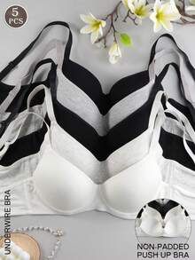 5pcs/Set Solid Color Underwire Bras, Sexy & Comfortable Push-Up Bras - Unpadded, Adjustable Straps - Multicolor - View 2