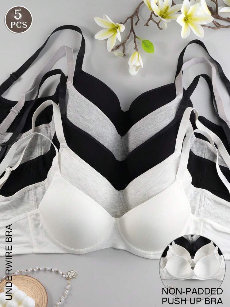 Set de 5 sujetadores con aros de unicolor, sujetadores push-up sexy y cómodos - sin relleno, con tirantes ajustables - Multicolor - Añade 1