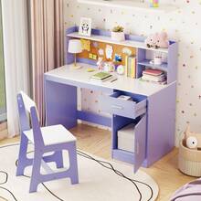Lifezeal Kids Study Desk And Chair Set Wooden Children Writing Table With Shelves & Drawer - Purple - View 5