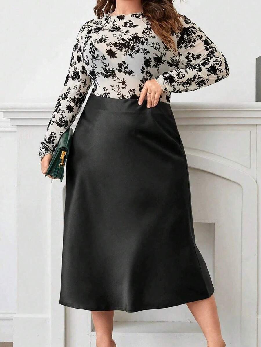 Plus - Size Women's Black Satin Midi Skirt For Autumn And Winter: Pair It With Our Floral Long - Sleeve Chiffon Top, Exuding Elegance And Warmth, Perfect For Office, Parties And Casual Occasions