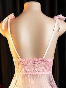 性感粉色透视内衣两件套，含波尔卡圆点网眼娃娃装和丁字裤 - 粉色 - 查看 5