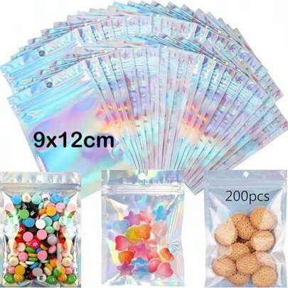 Bolsas herméticas 200 piezas holográficas resellables aluminio ambos lados pouch transparente dulces accesorios snacks joyería cosméticos 9x12cm navidad Christmas navideño bolsas organizadoras resellables envoltura regalo festividad