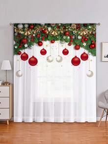 1pc Christmas Red Balloon Pine Needle Snowflake Print Curtain Sheer, Christmas Decor For Window, Wall, Bedroom, Office, Kitchen, Living Room, Home Decoration Curtain Christmas Decorations Christmas Decoration Christmas Decorations Home Room Decor