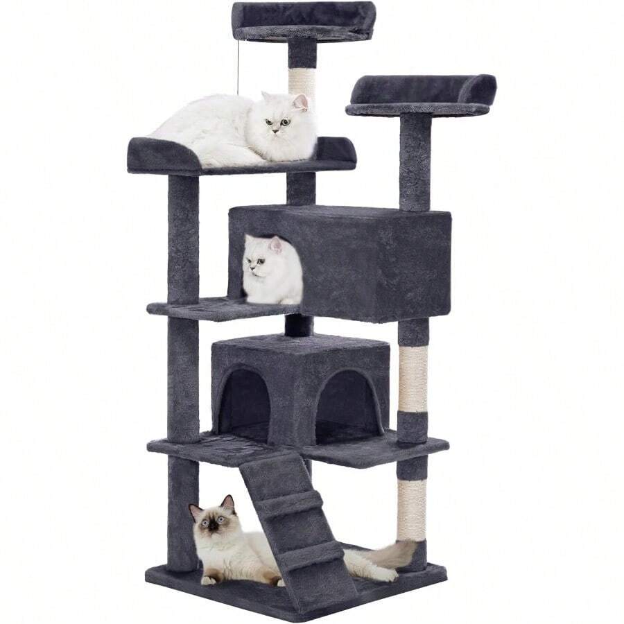 Made4Pets Cat Tree 54in Cat Tower For Indoor Cats Kitten Tree MultiLevel Cat Tree With 2 Condo Furniture Activity Center With Scratching Posts Funny Toys Kittens Pet Play House Dark Grey