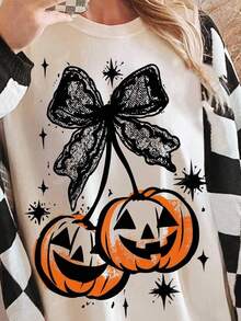 Halloween Nightmare Before Christmas Casual Pumpkin & Bow Lace Print Round Neck Short Sleeve T-Shirt For WomenCómodo Y Transpirable - Mơ nhạt - Xem 2