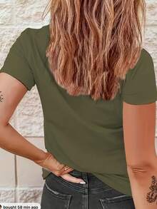 Vibrant Cartoon Frog Print Crew Neck T-Shirt - Soft Micro Elasticity Polyester Fabric, Regular Length, Casual Short Sleeve Top For Spring & Summer, Womens Fashion Clothing With Positioning Printing - 軍綠色 - 查看 2