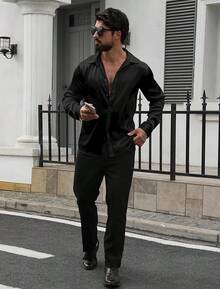 Mens Silk Satin Shirts Long Sleeve Button Down Loose Fit Dress Shirt Luxury Party Prom Wedding Shirtshalloween - màu đen - Xem 10