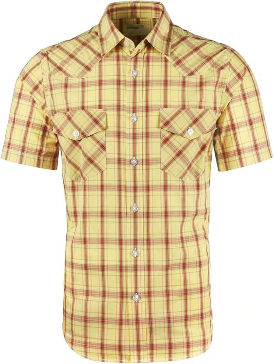 Mens Short Sleeve Plaid Button Down Shirt Western Casual Shirts With Two Pocketshalloween - 黃色 - 查看 1