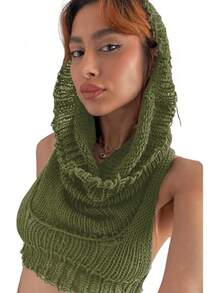 Women Knitted Hoodie Sweater Vest Sleeveless Hollow Out Hooded Crop Top Streetwear Rave Oufit - 墨綠色 - 查看 2