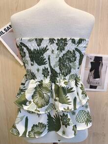 Printed Cropped Blouse With Elastic Ruffle - Dark Green - View 2