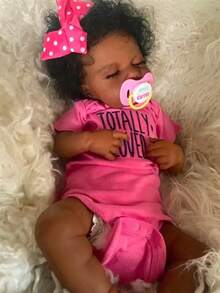 50cm Reborn Baby Doll, African American Silicone Vinyl Limbs, Wearing Pink Clothes Lifelike Gender Neutral Cloth Body Baby Doll, Soft Body - Suitable For Children's Birthday/Christmas Gift - 黑色 - 查看 1