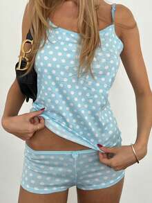 Women Summer Y2k Polka Dots 2 Piece PJs Short Set Spaghetti Strap Sleeveless Cami Crop Top Elastic Waist Low Rise Boycon Shorts Casual Loungewear Streetwear Sets - 藍色 - 查看 3