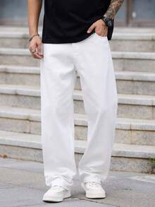 1件 Justice Brother 休闲宽松直筒牛仔裤，简约港式男士时尚舒适长裤，四季皆宜 - 白色 - 查看 2