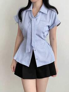 2025 春夏条纹印花时尚百搭女式纽扣短袖衬衫 - 藍色 - 查看 5