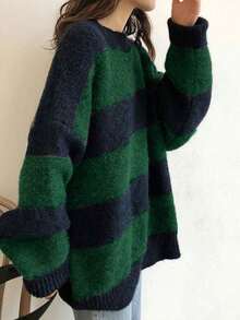 Valentine's Day Women's Oversized Stripe Sweater 2026 Spring Y2K Crewneck Knit Top,Loose Fit Long Sleeve Pullover - 綠色 - 查看 2