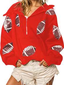 Womens Game Day Sweatshirts Football Sequin Hoodies Tailgate Outfits Long Sleeve Zipper Sweaters With Pocket - 紅色 - 查看 4