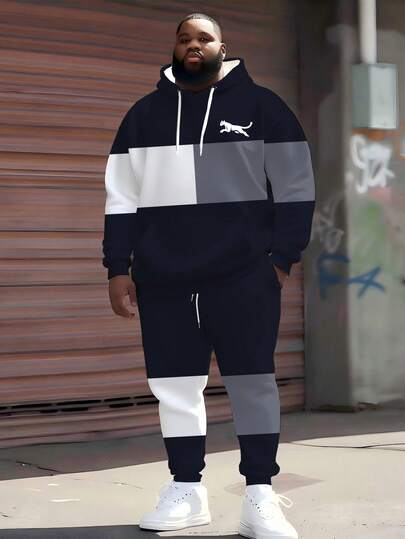 ZhuYa Fashionable "Casual Sports Style" Patchwork Colorblock Plaid & Running Leopard Print Hoodie Sweatshirt & Jogger Pants 2-Piece Set - Plus Size Loose Fit, Comfortable Relaxed Style Hoodie + Drawstring Sweatpants, Streetwear Athleisure, Suitable For Spring, Autumn, Winter
