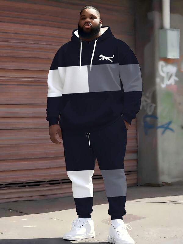 ZhuYa Fashionable "Casual Sports Style" Patchwork Colorblock Plaid & Running Leopard Print Hoodie Sweatshirt & Jogger Pants 2-Piece Set - Plus Size Loose Fit, Comfortable Relaxed Style Hoodie + Drawstring Sweatpants, Streetwear Athleisure, Suitable For Spring, Autumn, Winter