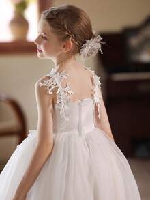 少女白色蕾丝刺绣薄纱花童婚纱 - 白色 - 查看 8