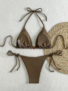 Maiô Bikini de 2 peças com top halter e parte de baixo sem costas com amarração, Cor Sólida, Verão, Praia, Férias, Looks de Verão para Mulheres, Looks de Praia para Mulheres, Roupa de Praia Feminina, Maiô com Sustentação