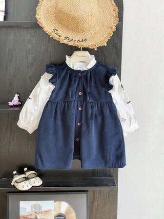 2 件女童春秋连衣裙套装，儿童时尚刺绣衬衫配荷叶边背心和长袖连衣裙，公主风格