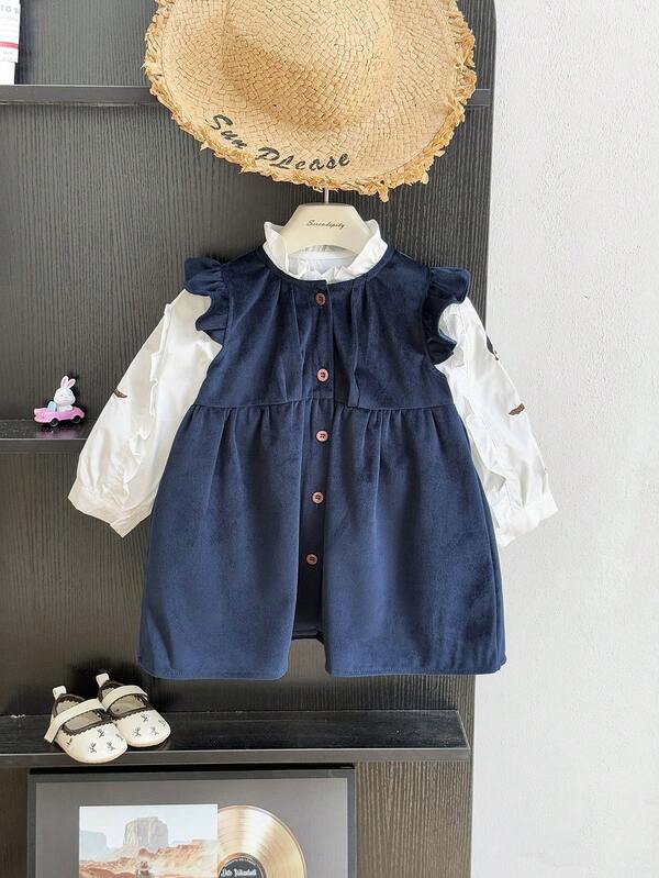 2 Pieces Girls Spring/Autumn Dress Set, Children's Fashionable Embroidered Shirt With Ruffled Vest & Long Sleeve Dress, Princess Style
