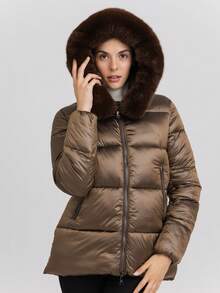 女士常规袖长袖连帽羽绒服，休闲冬季穿搭 - 墨綠色 - 查看 2