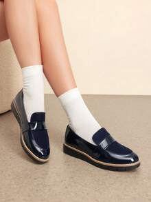 Women Loafers Arch Support Slip-On Round Toe Wedge Heel Loafers Classic Style Comfortable Business Casual Work Daily Shoes - 藍色 - 查看 2